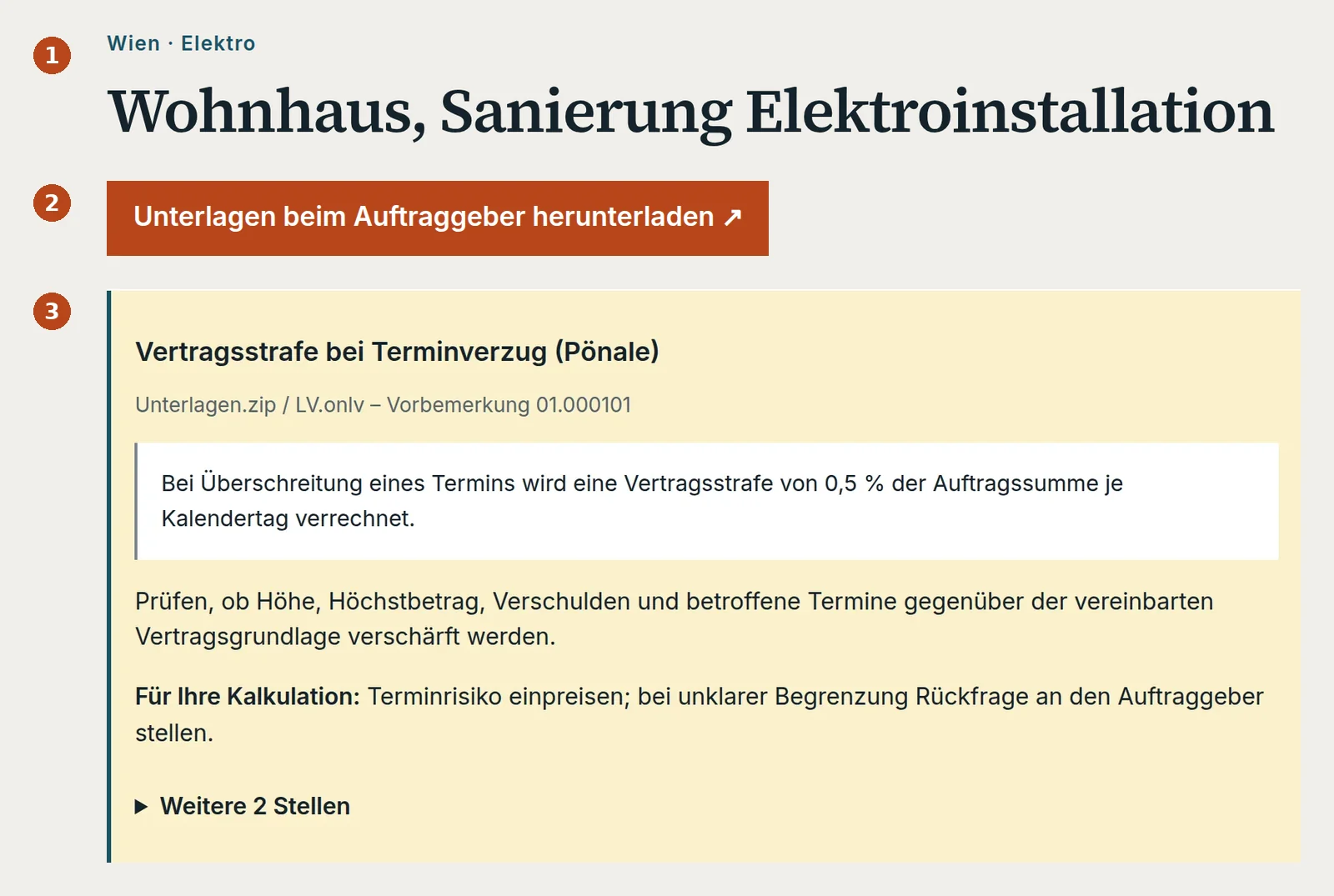 Ausschnitt aus dem Portal: Ausschreibung Wohnhaus, Sanierung Elektroinstallation, Knopf Unterlagen beim Auftraggeber herunterladen, darunter markiert: Vertragsstrafe bei Terminverzug, 0,5 Prozent der Auftragssumme je Kalendertag, mit Prüffrage und Hinweis für die Kalkulation